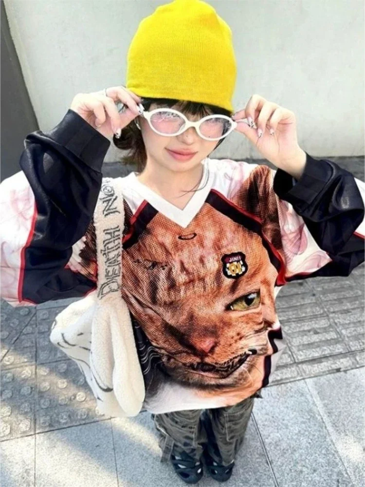 

American Street Long Sleeved T-shirt for Women 2025 Early Autumn New V-neck Tee Shirt Y2k Vintage V-neck Print Tops Mujer