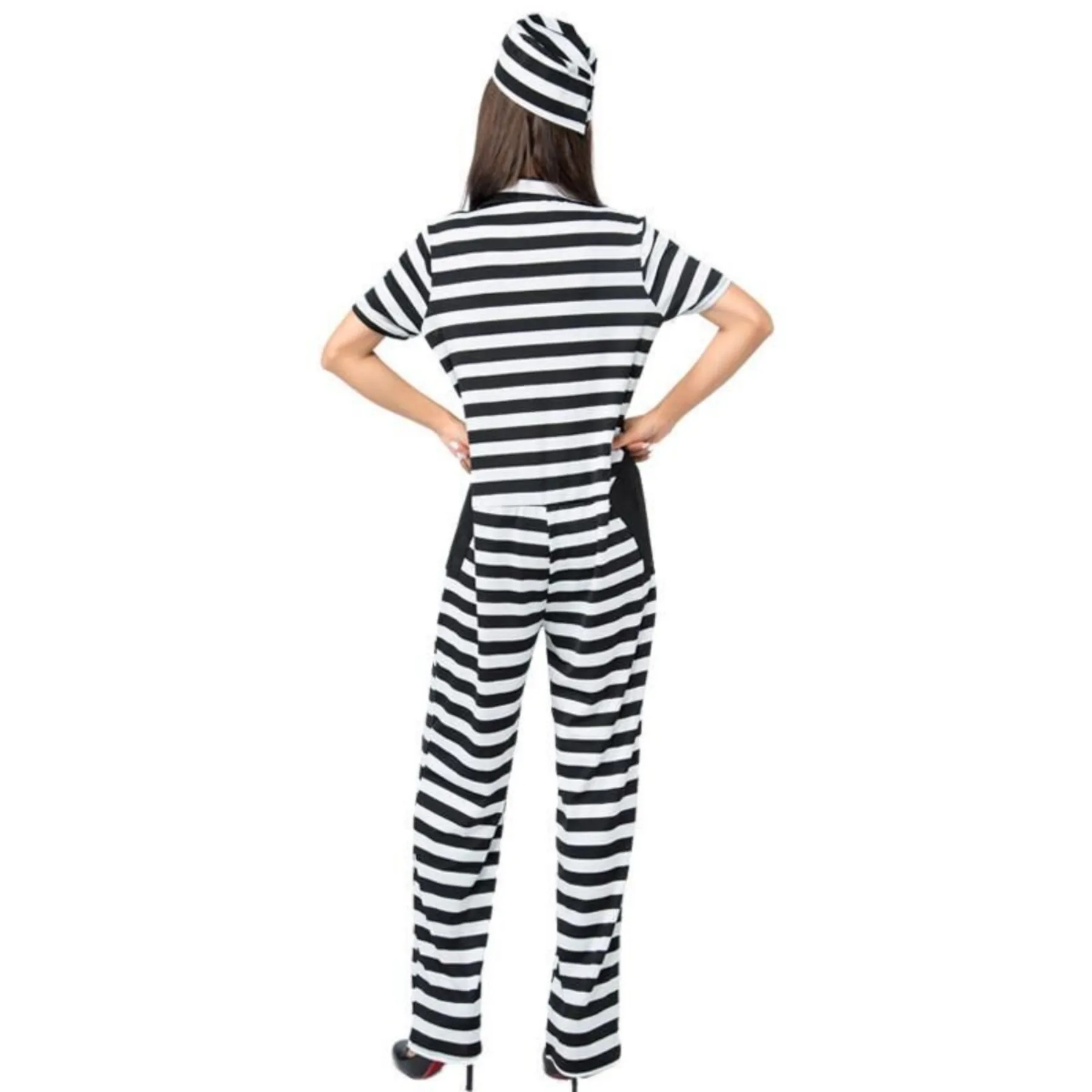 

loween Cosplay Bla And White Striped Jumpsuit for Fem Chinese Brand Youthful PU Material Spring Season
