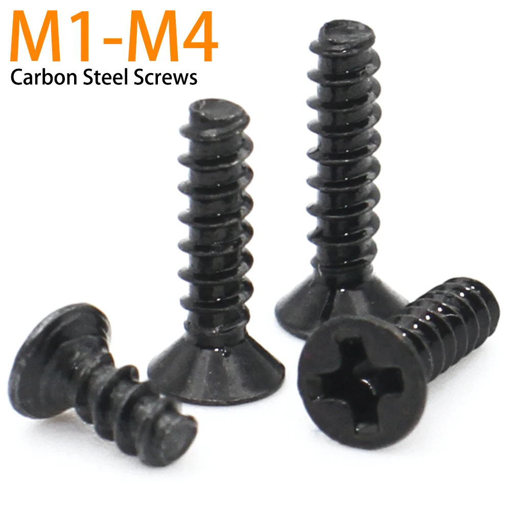 50- 500pcs M1 M1.2 M2 M2.3 M2.6 M3 M4 Black Carbon Steel Mini Screw Recessed Countersunk Self-tapping Flat Tail Screw