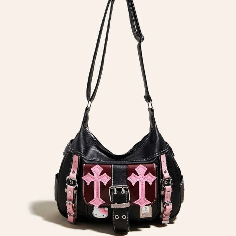 

Original Niche Personalized Handheld Large Capacity Simulation Leather Bag Cool Girl Hello Kitty Black Pink Tone Crossbody Bag