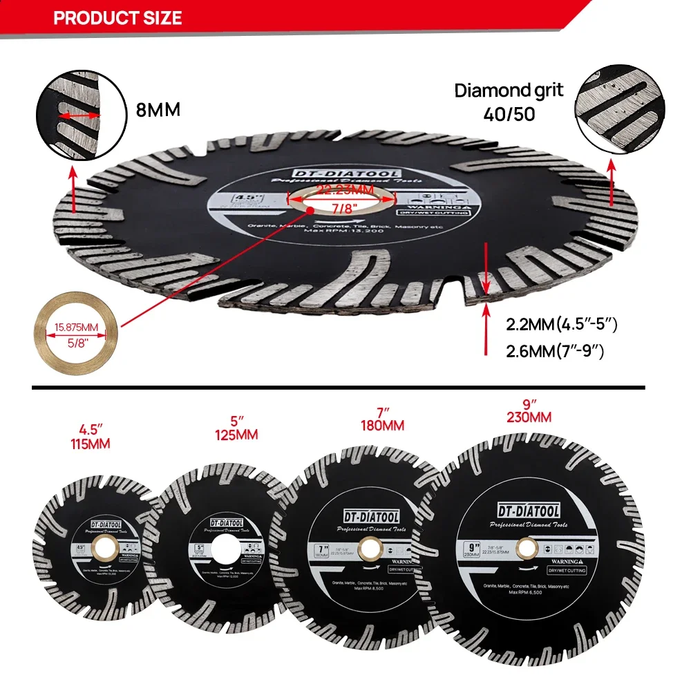 DT-Diatool 115-230mm Diamond Disc Saw Blade for Cutting Granite Marble Porcelain Ceramic Tile Circular Saw 1Pc Cutting Disc