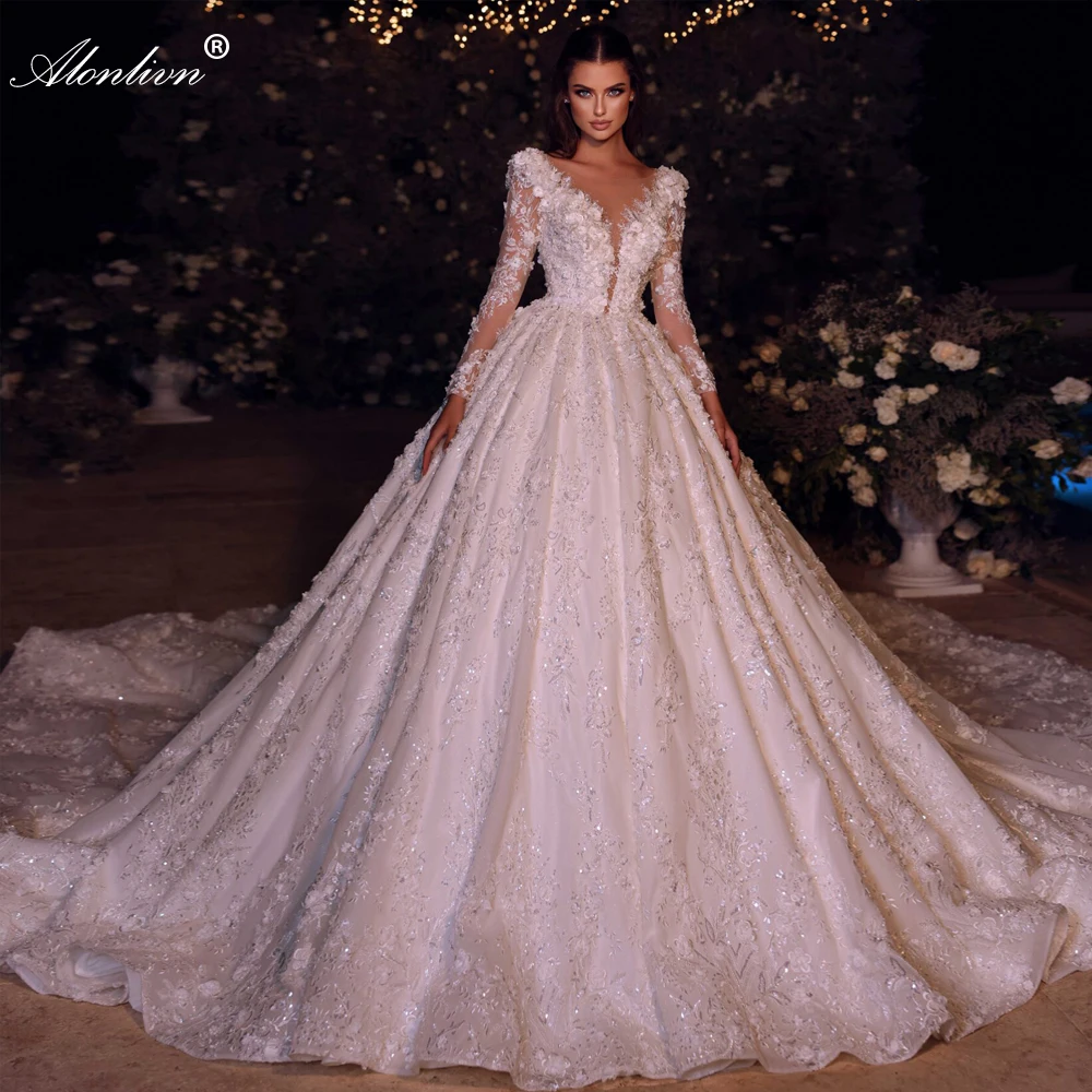 

Alonlivn Luxury Embroidery Lace Floral Print Ball Gown Wedding Dress Full Sleeves Beading Flowers Pearls V-Neck Vestido De Noiva