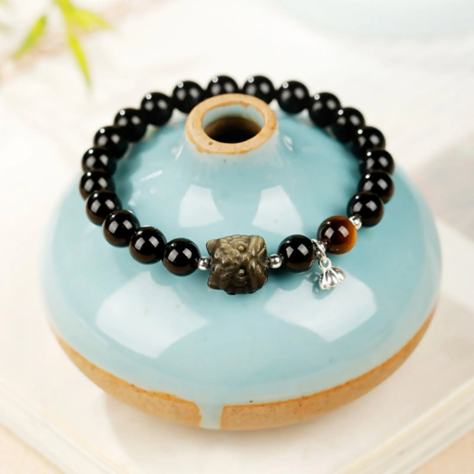 

Black Obsidian Bracelet Chinese Design Obsidian Bracelet Wrist Jewelry Natural Gemstone Fashion Accessory Elastic Fit For