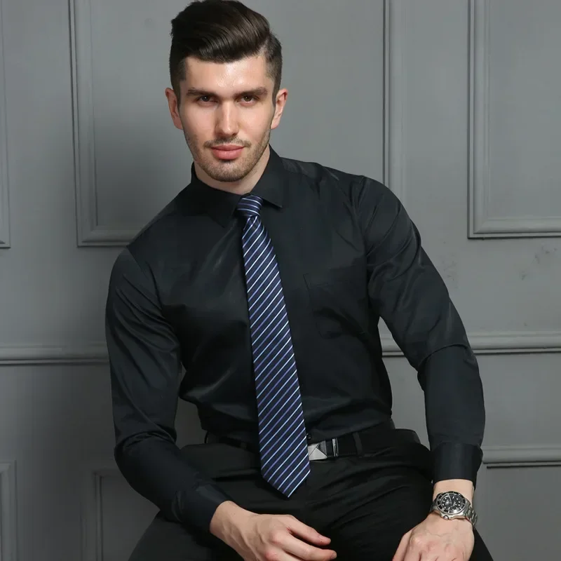 Men's Black Shirt Long Sleeve Shirt Business Slim Pure White Dark Twill Solid Color Tooling Career