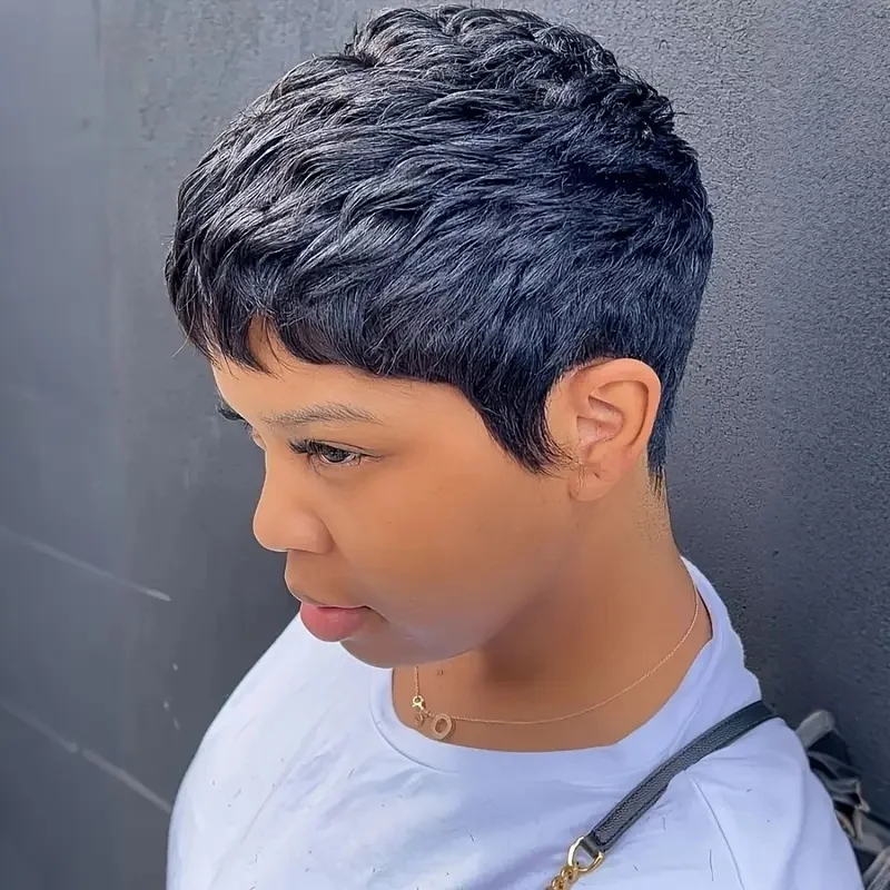 ピクシーカットウィッグ人毛女性のための前髪ブラジルバージンヘアフルマシン