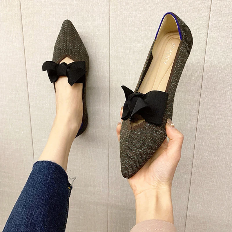 Women\'s flat shoes Fashion bow anti slip rubber sole knitted breathable rest comfortable shoes Spring and Autumn 2023