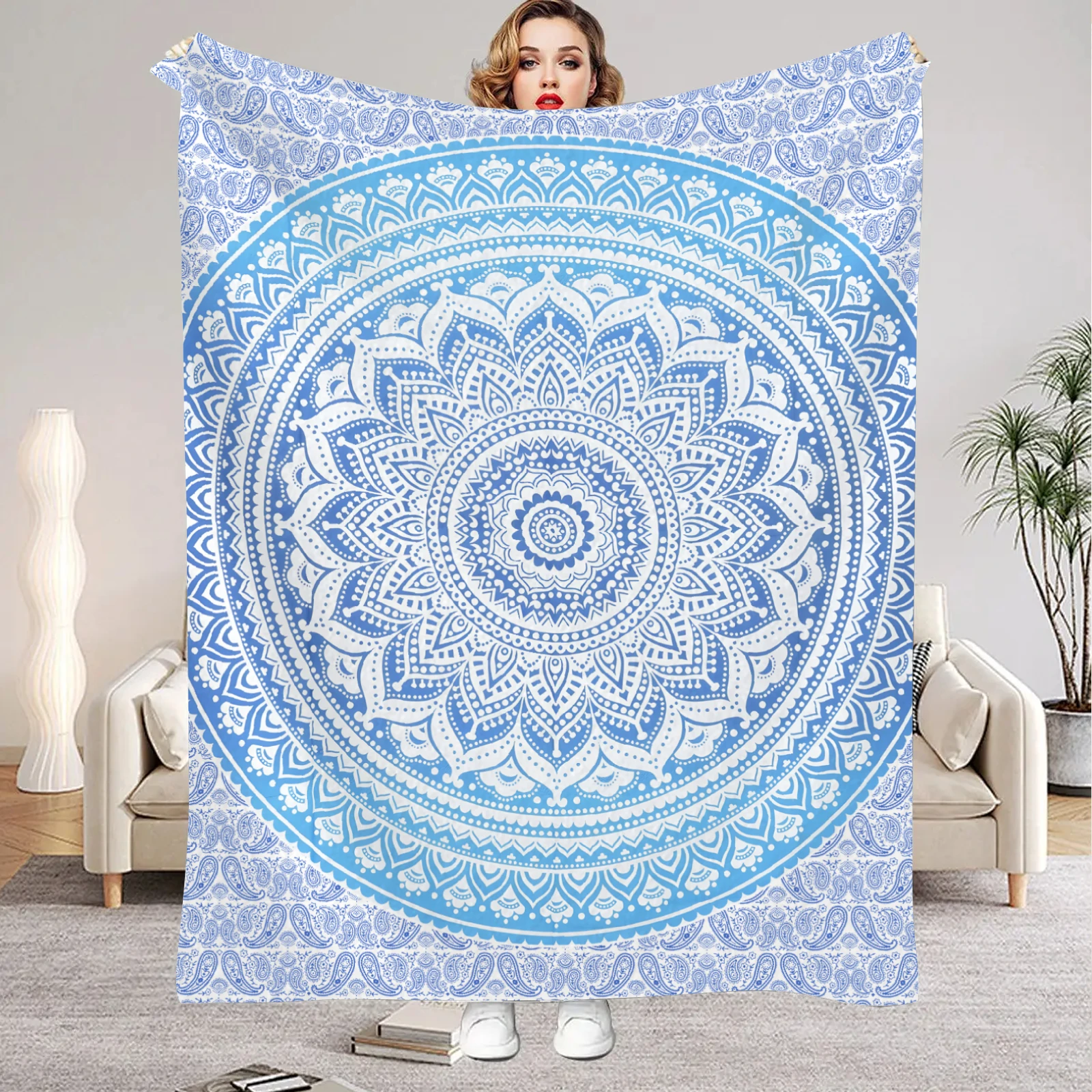 

Синее одеяло в богемном стиле с кольцом и 3D принтом, удобное фланелевое одеяло для дома, гостиной, спальни, декор, подарок на день рождения для взрослых