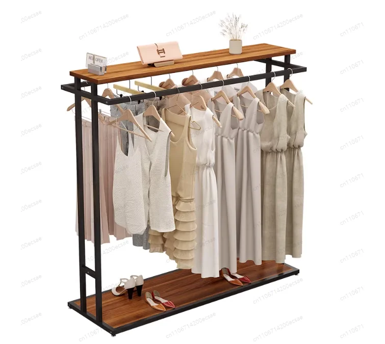 Double Row Floor Standing Island Display Rack – Clothing Store Hanger Stand with Middle Hanging Rod for Pants Storage