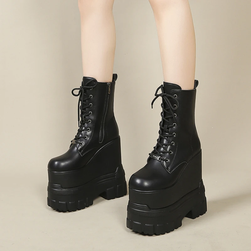 Platform Mid-leg Boots Heighten and Thin, Lace-up Trendy and Versatile Heightened Leather Shoes