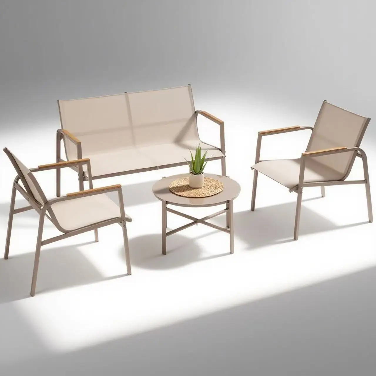 ！@Dwoo Modern All Weather Metal Frame 4 Piece Backyard Bistro Set Waterproof Balcony Plastic Wood Armrest Coffee Table Set