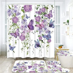 Purple Flower Butterfly Printed Waterproof Bathroom Shower Curtain Set Non-Slip Bath Mat Rug Sets Toilet Cover Bathroom Decor