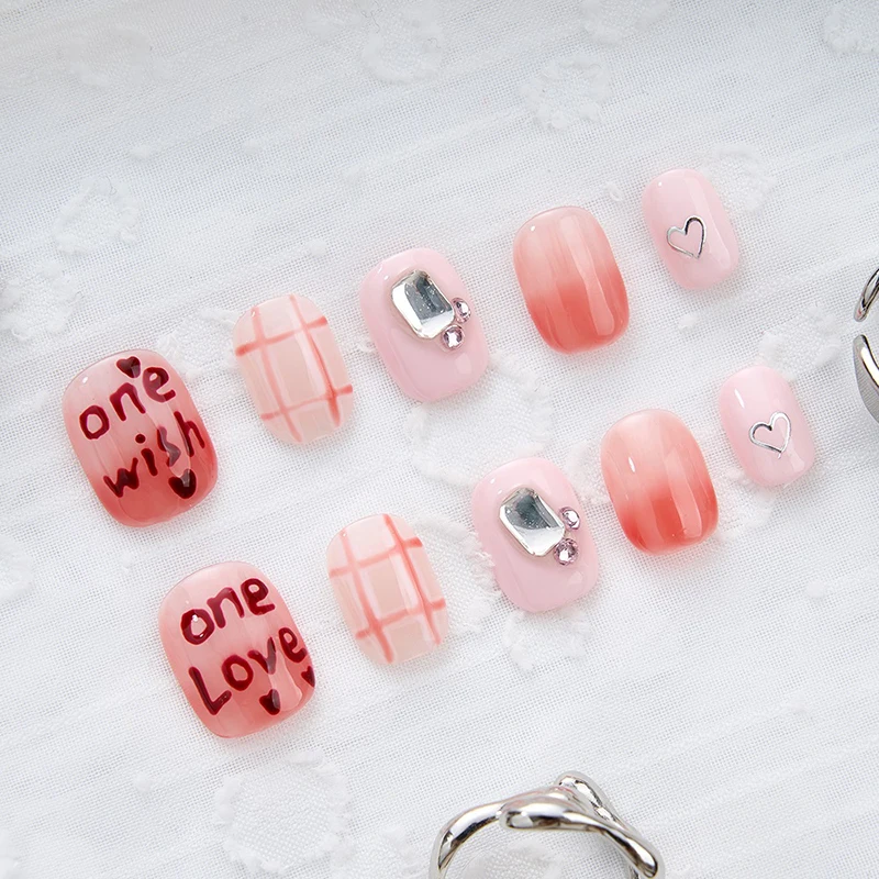 

10Pcs Handmade Press on Nails Y2K Text Graffiti Diamond Gradient Fasle Nail for Women&Girl Love Valentine's Day Wearable Nail