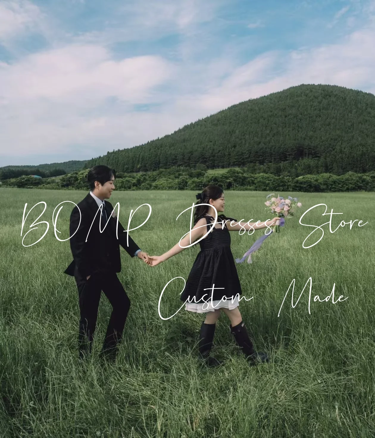 BOMP-vestido corto de fiesta de boda con contraste, tirantes finos, corte en A, satén negro, sesión de fotos de Corea, vestido de recepción nupcial personalizado Simple