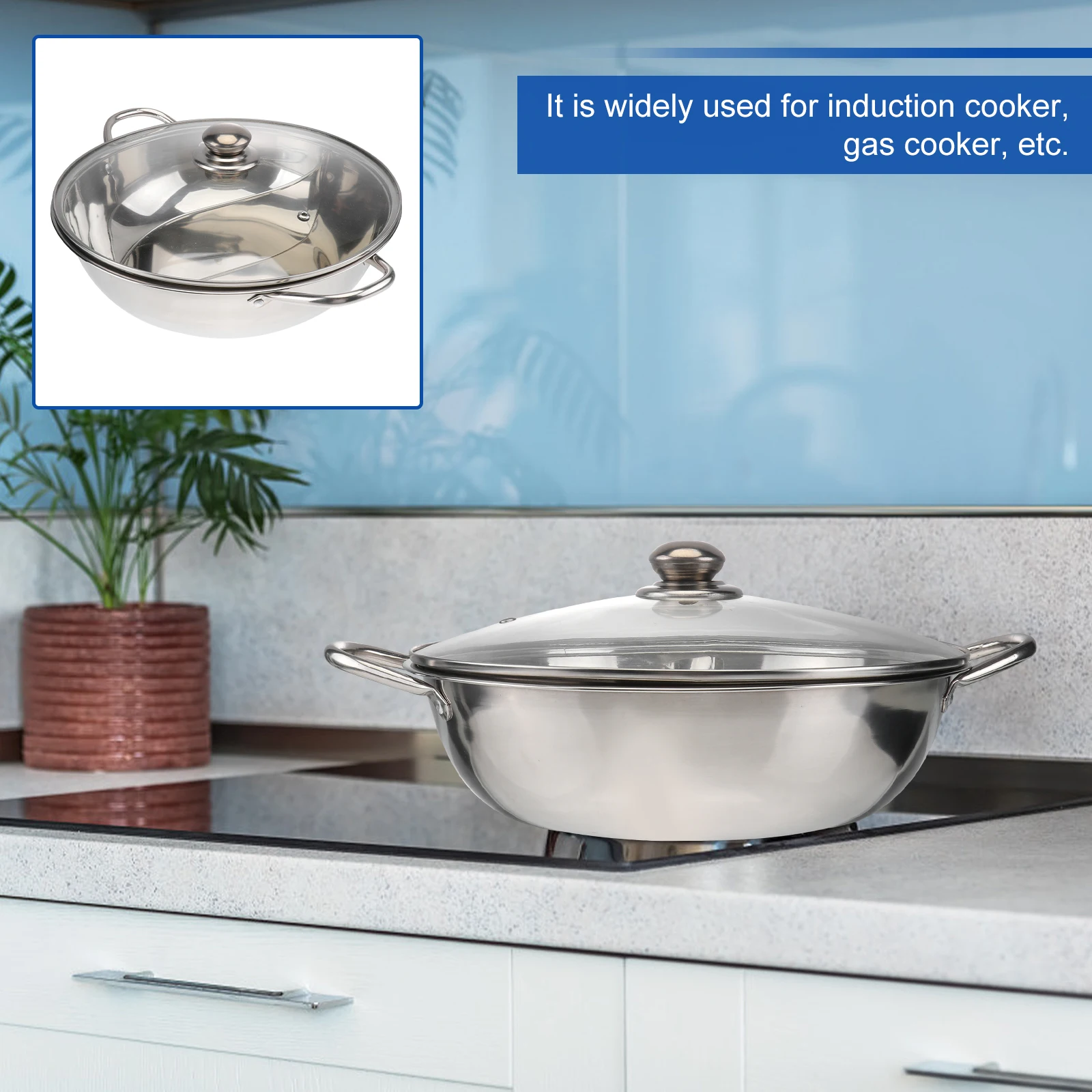 

Duck Pot Stainless Steel Hot Pot Cookware Glass Lid Induction Gas Suitable Family Party Restaurant Multifunction