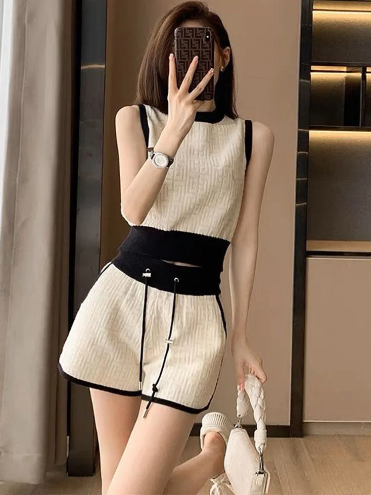 Summer Knitted 2 Pieces Sets Women O-neck Sleeveless Short Knitwear Pullover Tops Conjuntos Korean High Waist Shorts Tracksuit