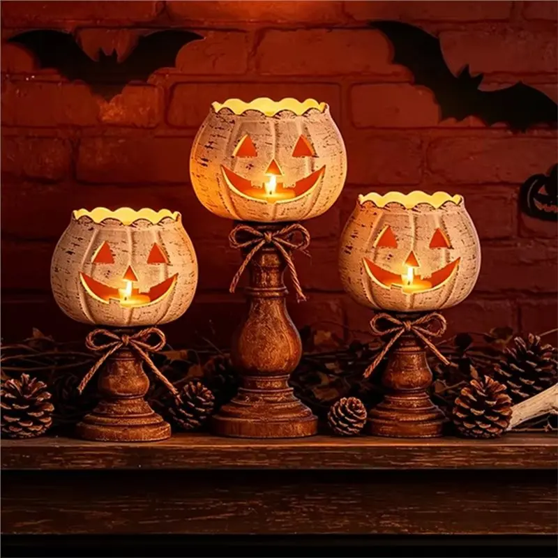 ABYN-3Pcs Rustic White Pumpkin Tealight Candle Holder Set For Farmhouse Halloween Fall Thanksgiving Party Table Centerpiece