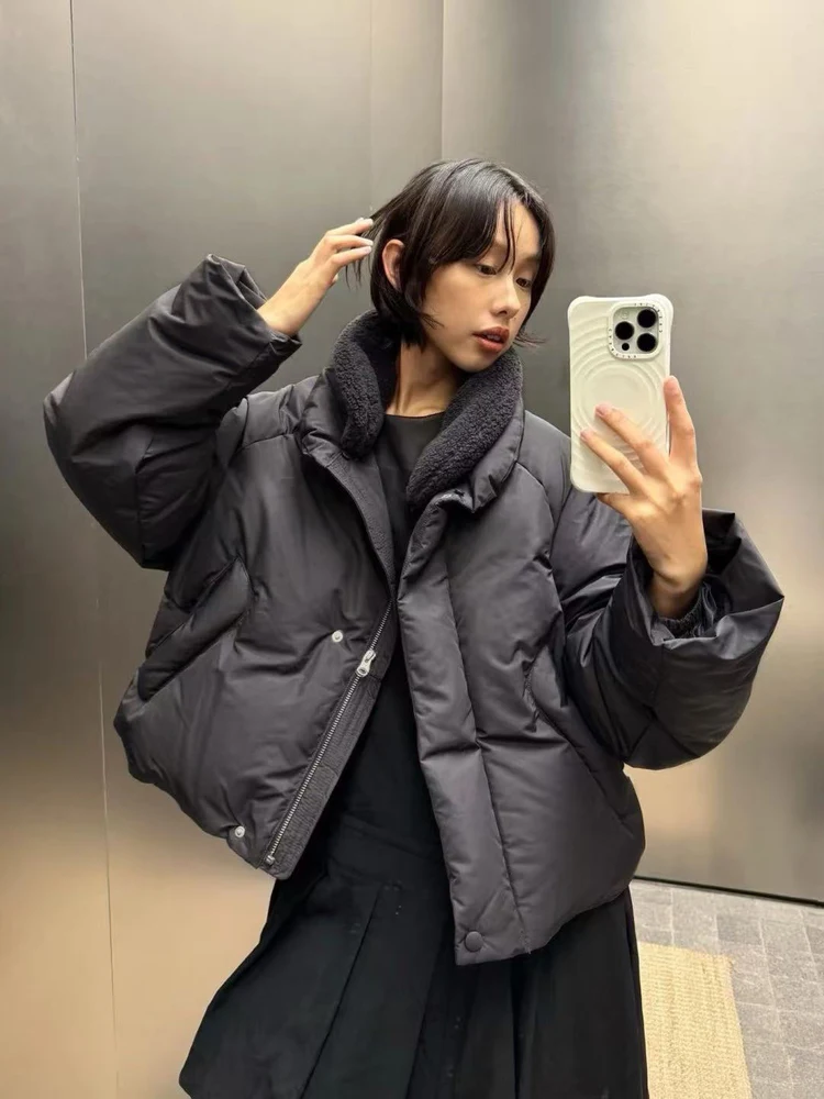 جاكيت قصير منفوخ للنساء بتصميم عصري فضفاض مع ياقة فرو قابلة للفصل، معطف على شكل رغيف الخبز، توصيل سريع، ملابس خارجية نسائية