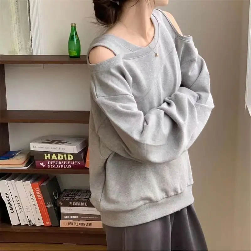 Vintage Hollow Out Off Shoulder Loose Hoodies Spring Autumn New Long Sleeve Korean Pullovers Top Fashion Casual Women Clothing