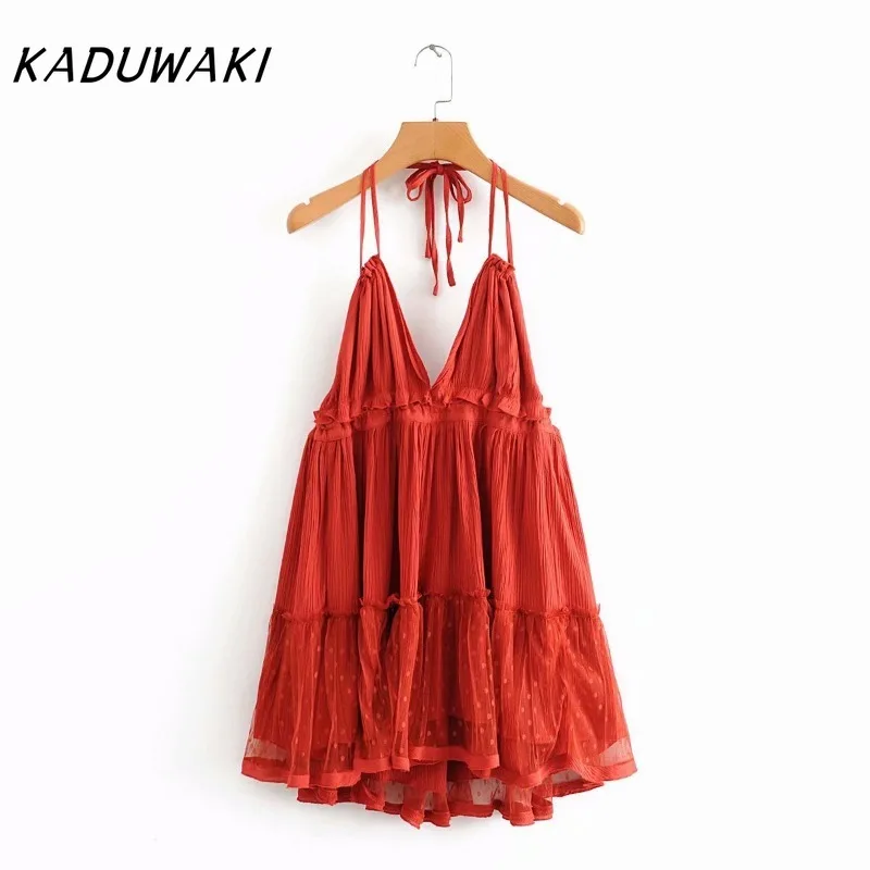 KADUWAKI Sexy Versátil Fino Camadas Malha Emenda Com Decote Em V Grande Backless Halter Robe Praia Vestido de Verão Ленее Плаikanе Больovahх Разukat