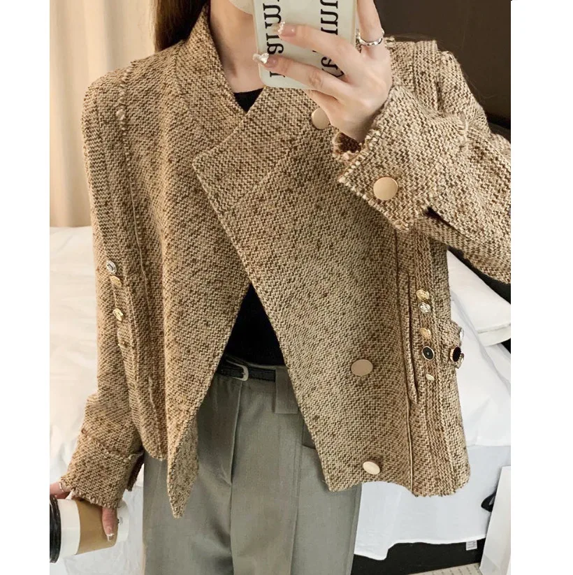 

Heavy Industry Nail Bead Button Coarse Tweed Coat Women's Autumn and Winter New French Retro Loose Small Fragrance Short Jacket