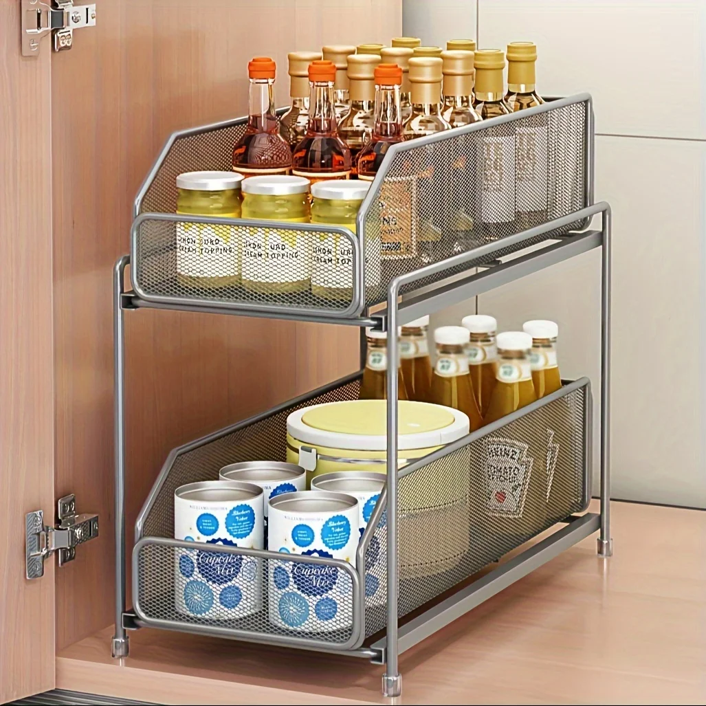 

Multi-Room Pull-Out Storage Rack 2-Tier - No Assembly Sliding Drawer with Guardrail, Carbon Steel for Kitchen, Bedroom & Living