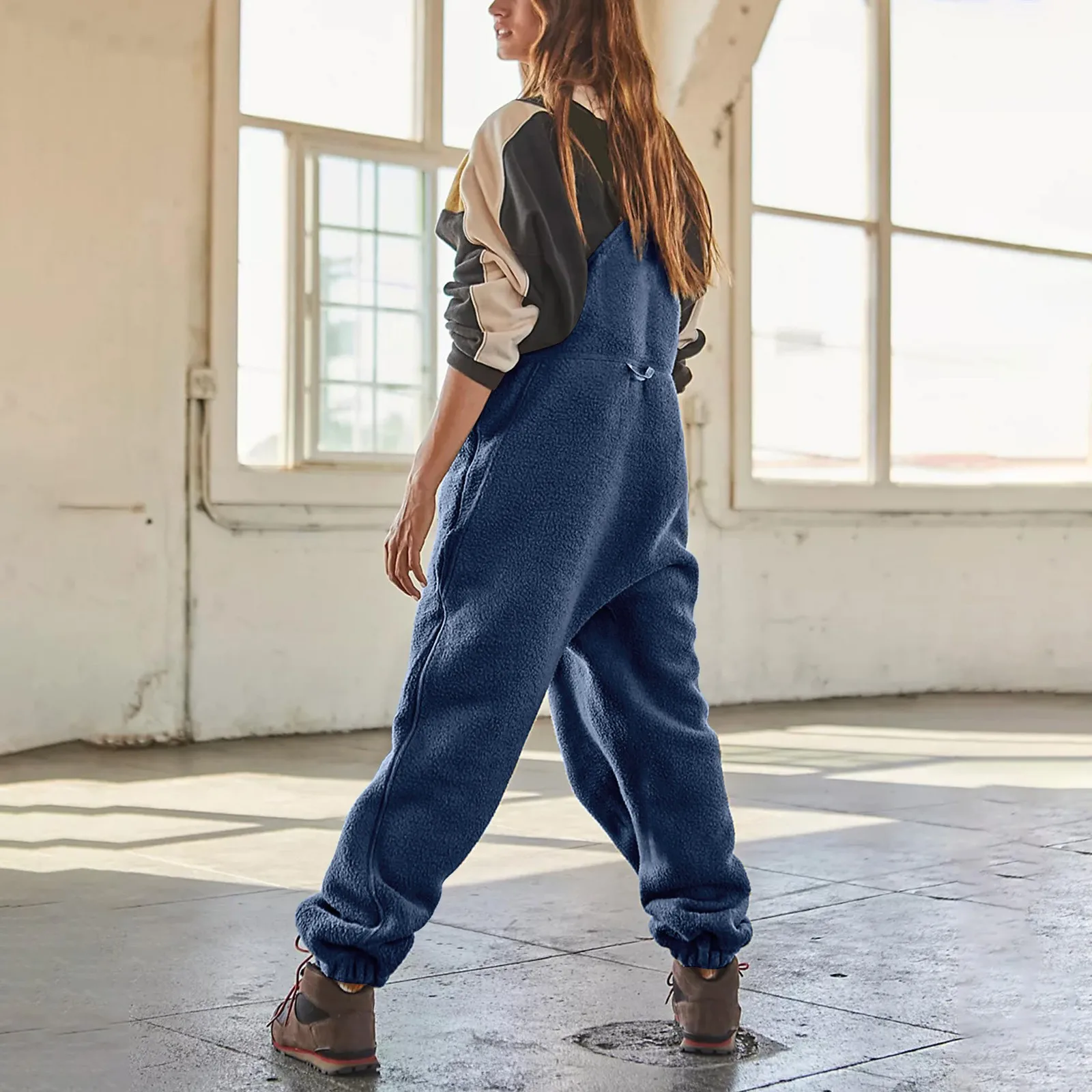 Mono de mujer con chaqueta de felpa y aislamiento grueso, pantalones de trabajo de Color sólido, lindo, Otoño e Invierno