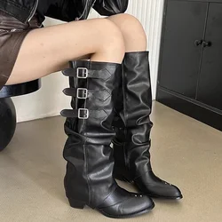 Women Pointed Toe Chelsea Boots Knee High Mid Heels Chunky Pleated Shoes Designer New Motorcycle Boots Pumps Sexy Mujer Zapatos