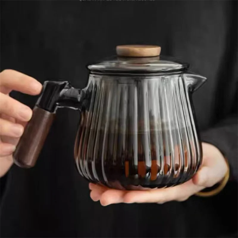 750ml Wooden Handle Striped Heat Resistant Glass Teapot  with Strainer Filter Brewing Puer Flower Tea Pot Kung Fu Tea Set