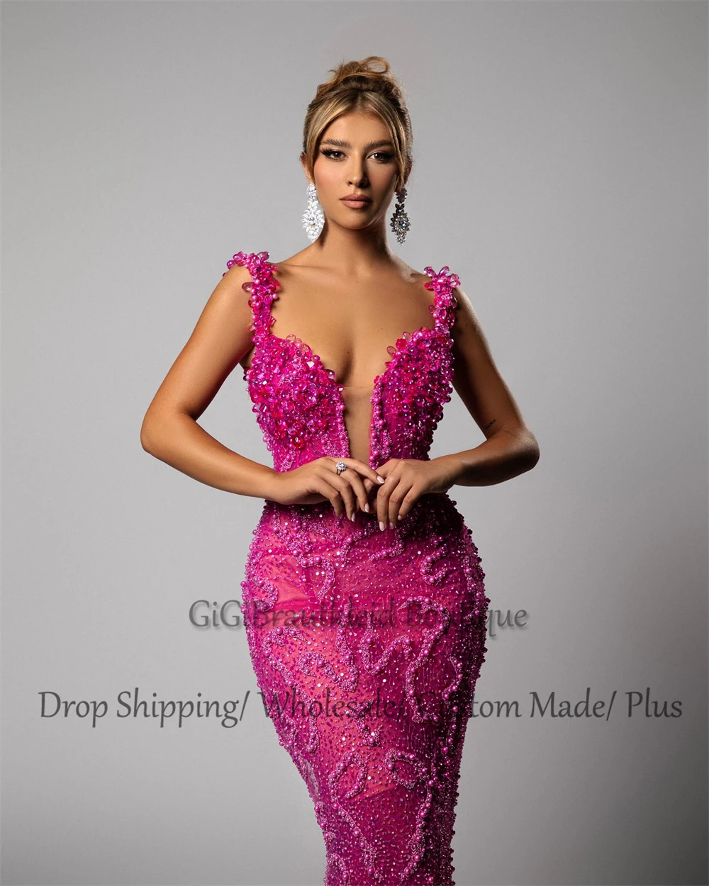 فستان GiGiBraut للحفلات الراقصة بكريستال براقة للنساء مطرز بالخرز على شكل بوق بدون أكمام رداء حفلات فيستدو دي فورماتورا مخصص