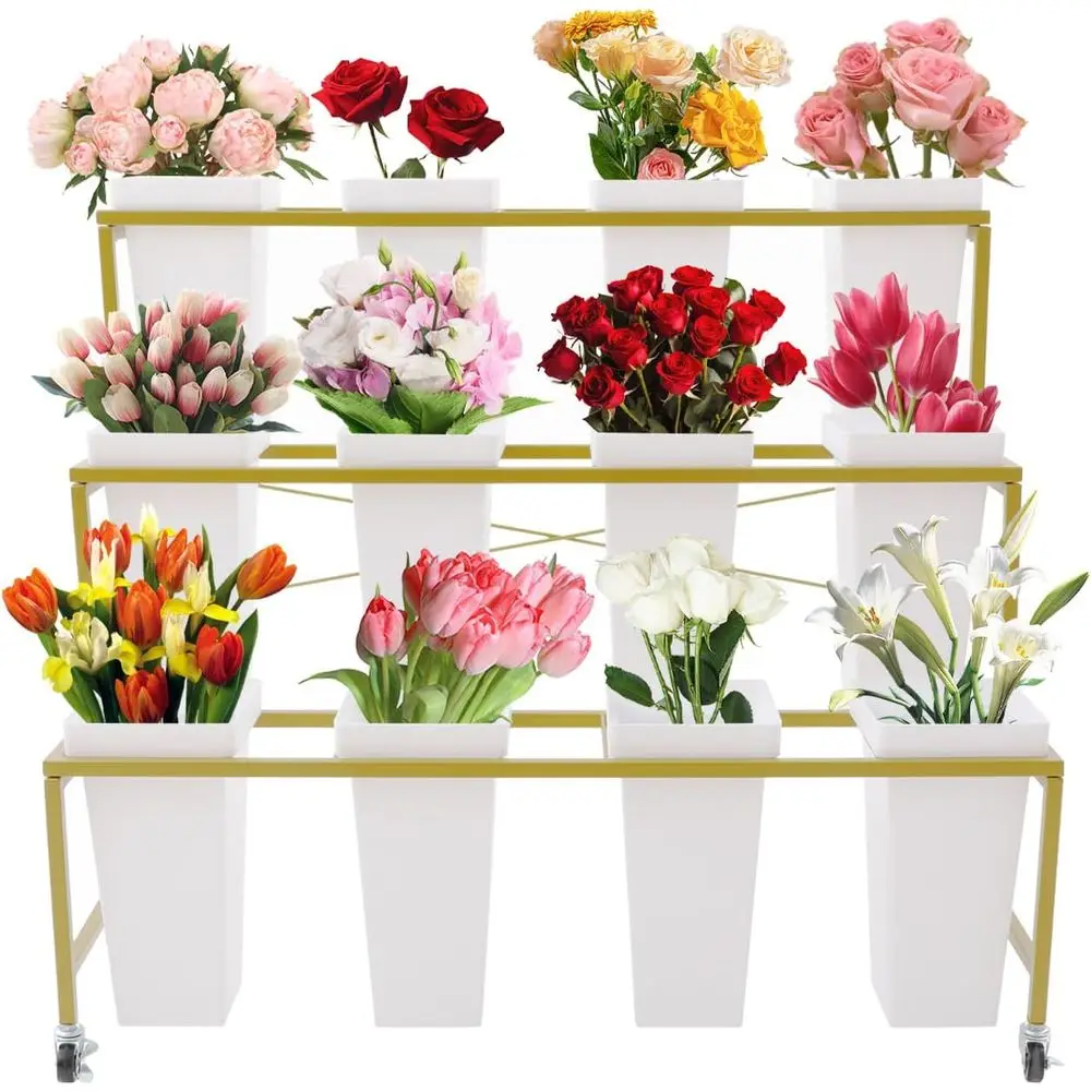 

Трехуровневая золотая металлическая подставка для цветов с 12 белыми ведрами для сада или мероприятий на открытом воздухе