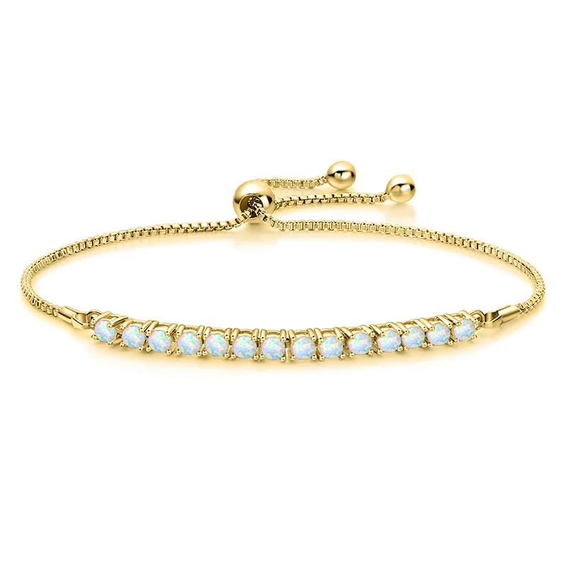 

Elegant Jewelry Copper Bracelet For Women Round Opal Stone Inlaid Tennis Bracelet Adjustable Slider Chain