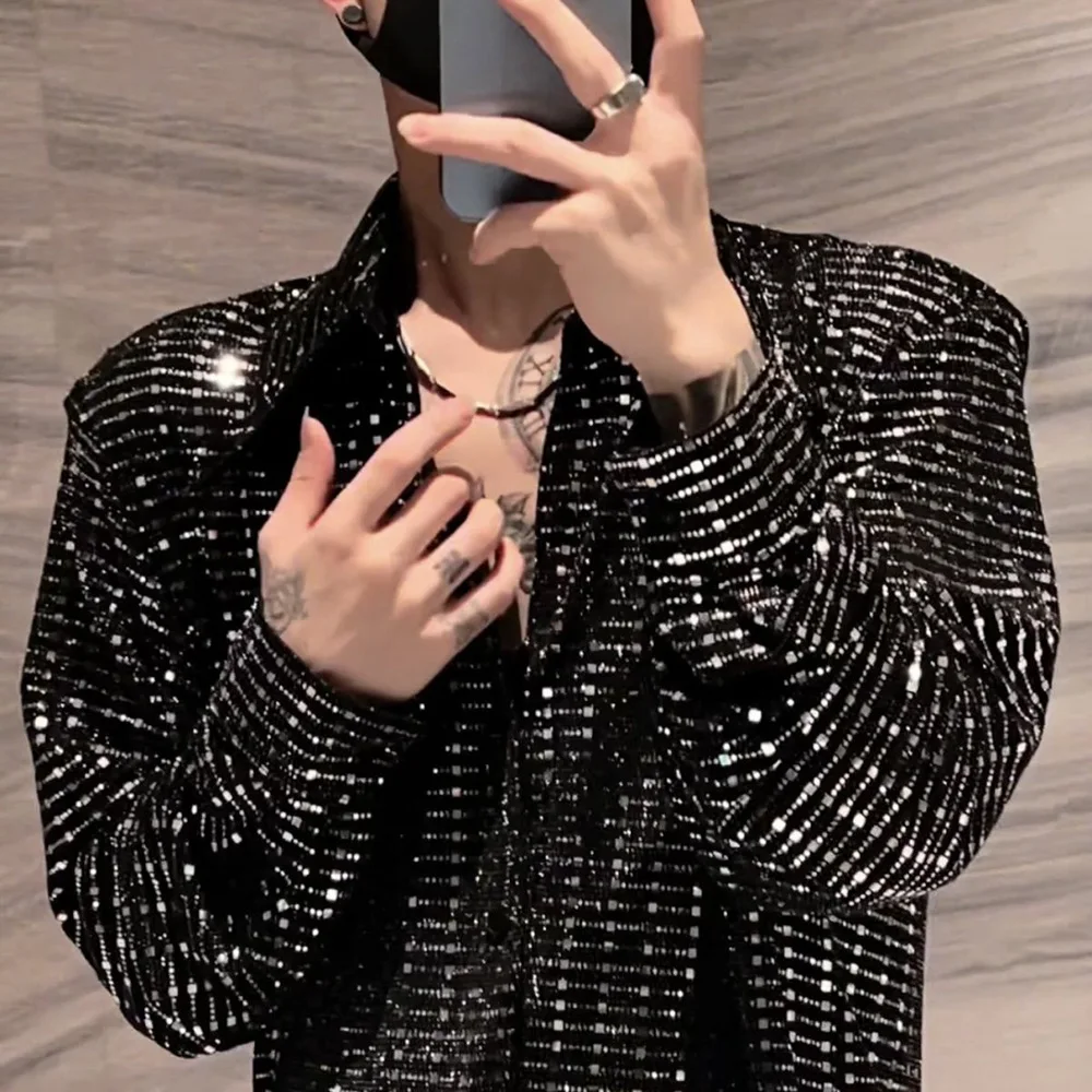 Mens Y2k Sequin Shoulder Pad Jacket Nightclub Personality Temperament Youth Long-Sleeve Performance Costumes Summer JJ1405