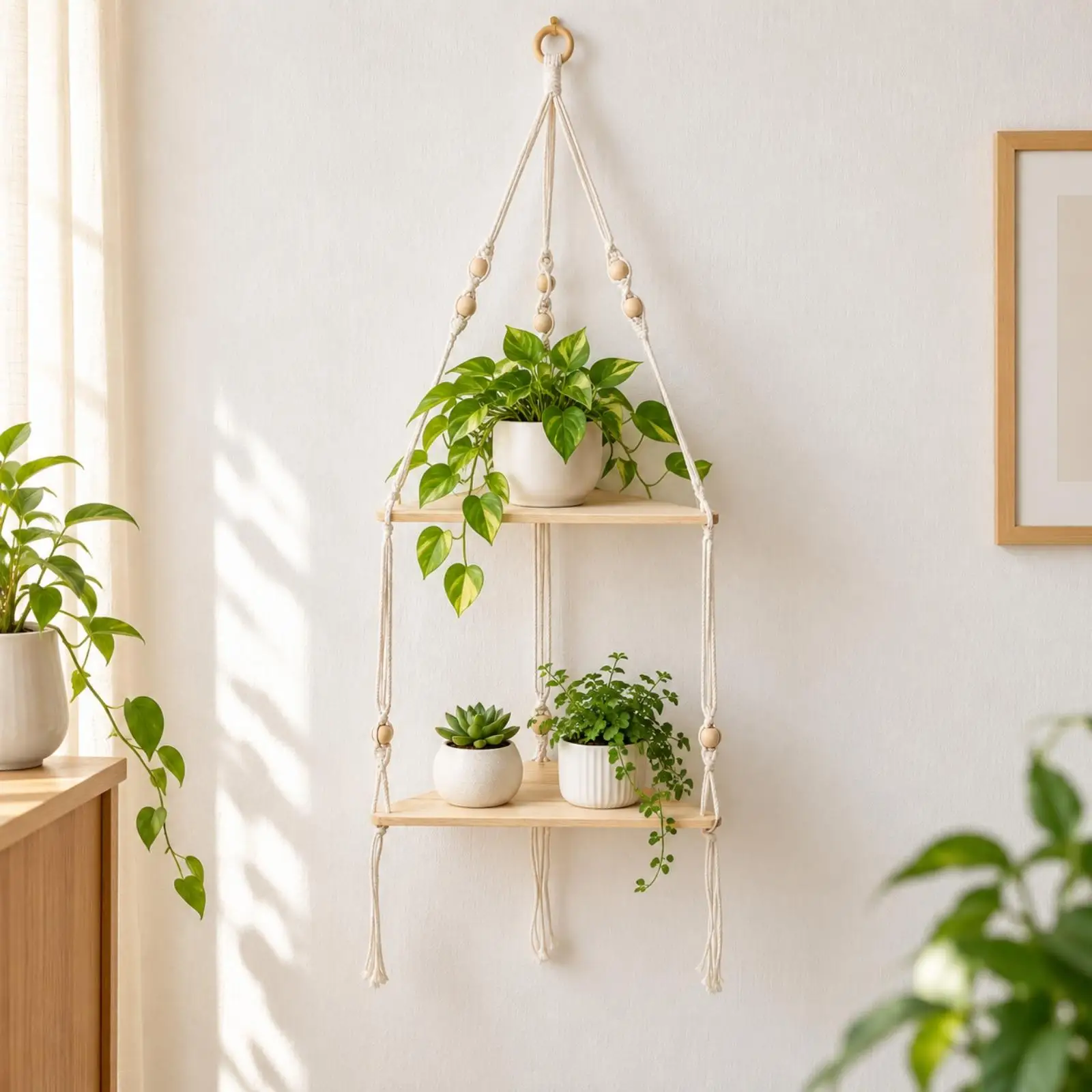 Triangular Hanging Storage Shelf Wood Two-Tier Rope Hanging Shelf Suspended for Home Decoration, Living Room, Entryway
