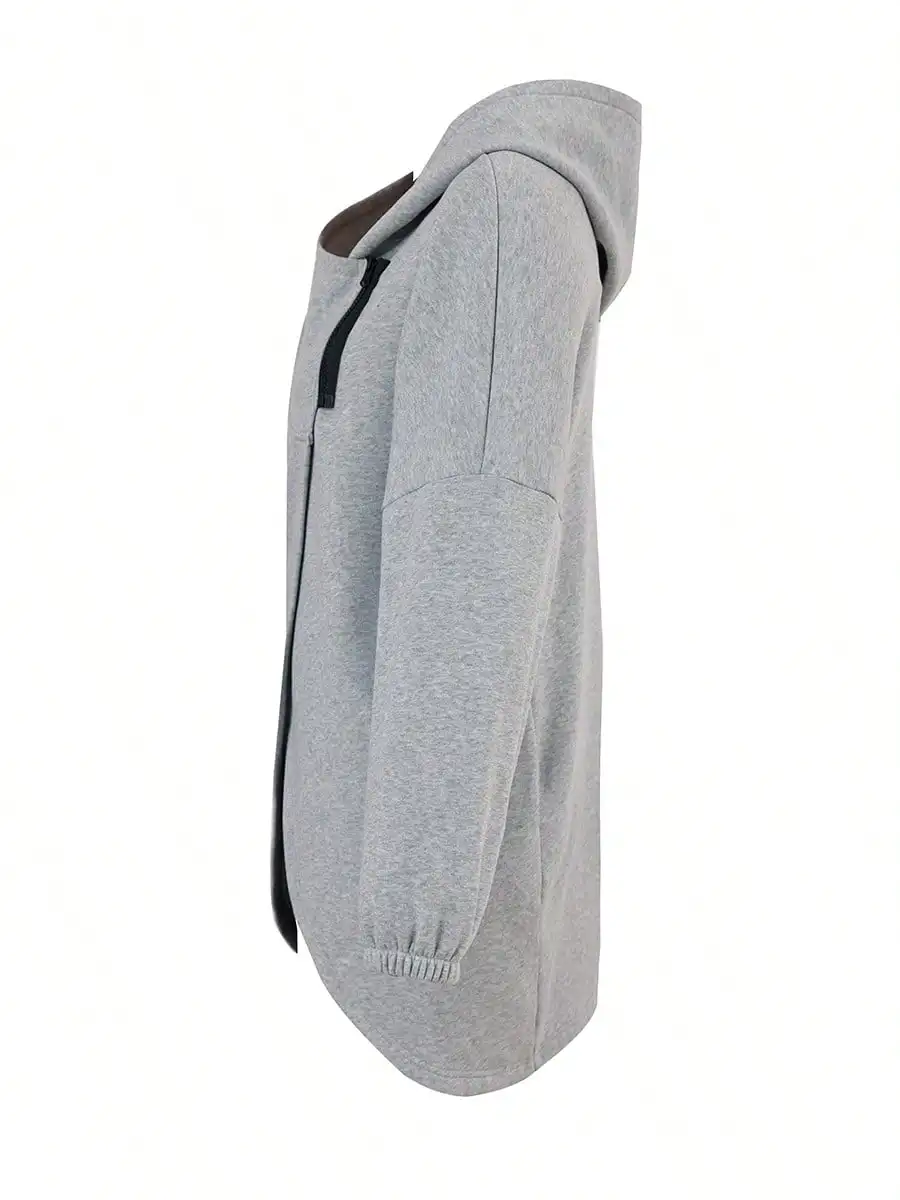 Women's Oversized Hoodie with Zipper & Tulip Hem, Solid Gray Casual Sweatshirt for Autumn