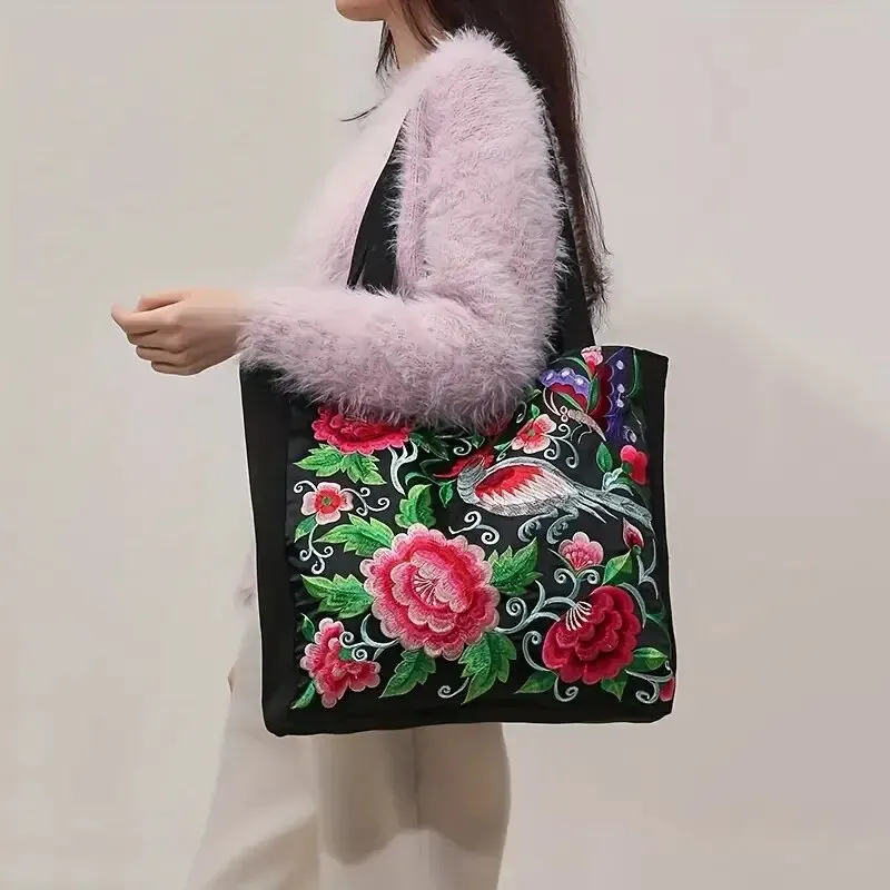 Ethnic Style Flower Embroidery Canvas Tote Shoulder Bag Large Capacity Handbag For Women