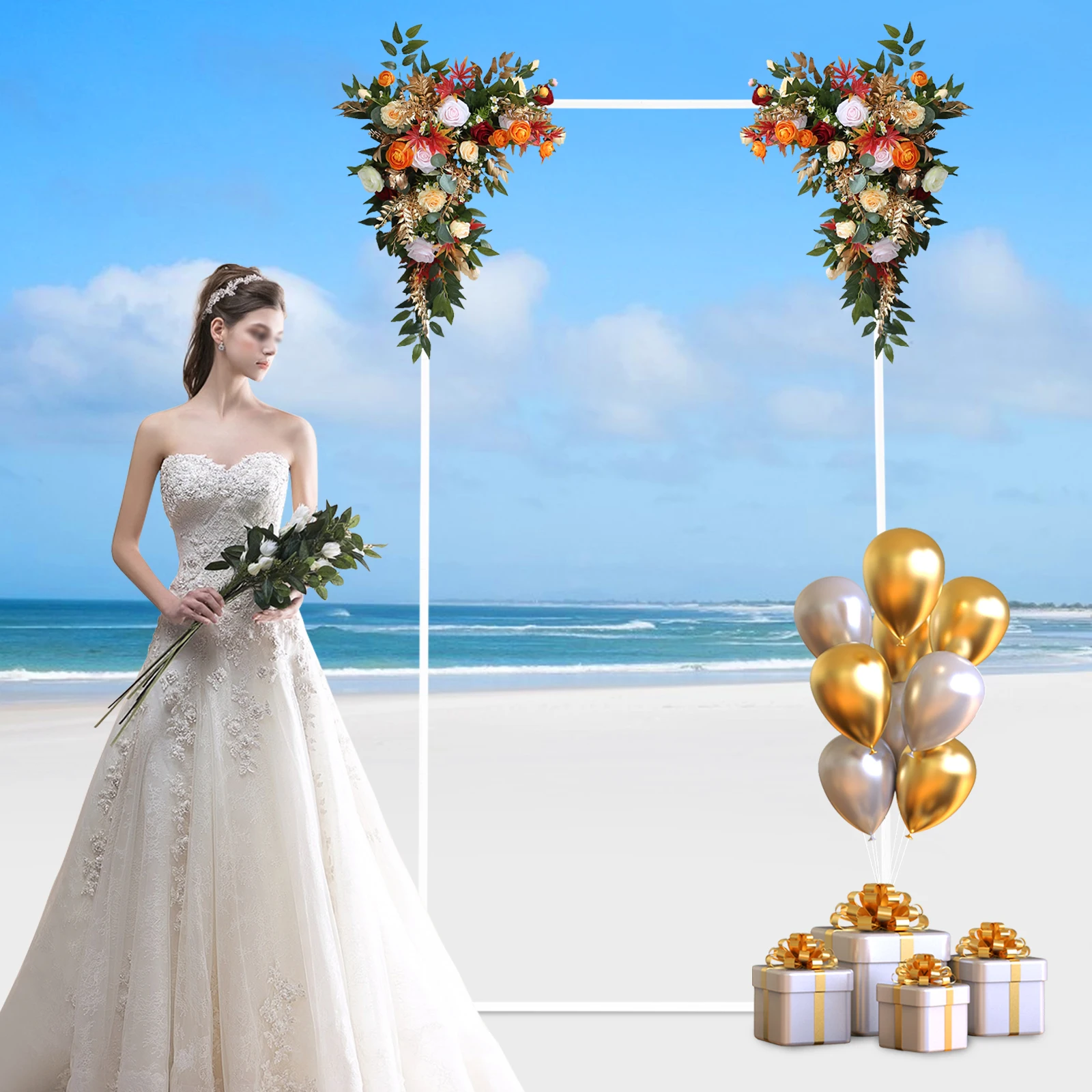 

Белая подставка для свадебного фона длиной 3,28 × 6,56 футов + бежевая эластичная крышка, железная труба 19 мм, нагрузка 13,23 фунта — сборка без инструментов для свадьбы