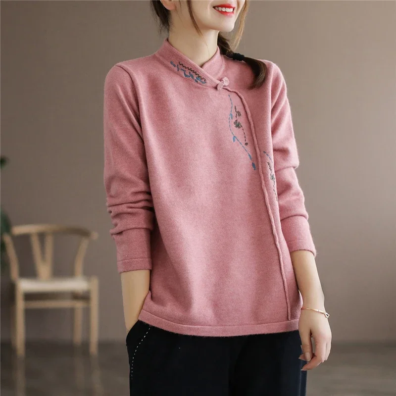 

Women Vintage Chinese Ethnic Style Embroidery Elegant Thick T Shirt Autumn Winter Fashion Stand Collar Long Sleeve Pullover Tops