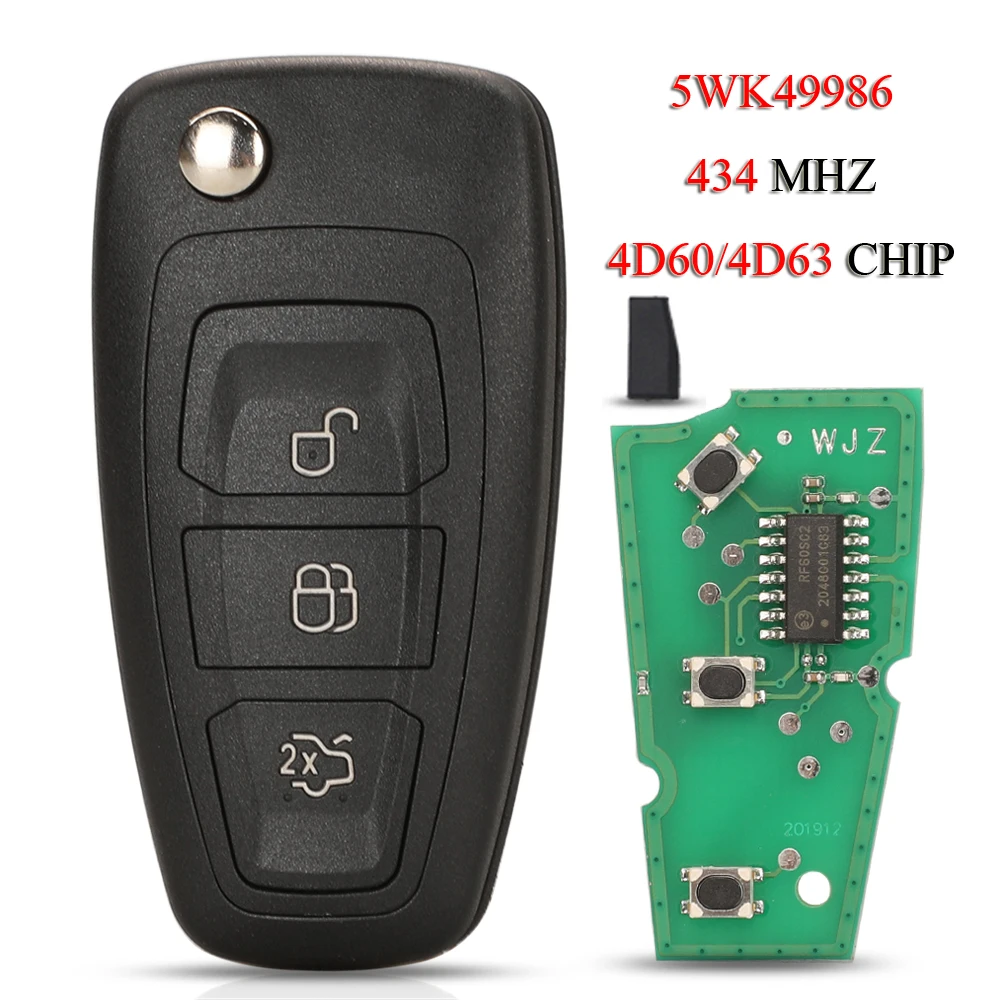 

jingyuqin 10PCS/Lot 5WK49986 Remote Smart Car Key For Ford Focus Fiesta Galaxy Kuga Mondeo ASK/FSK 434Mhz 4D60/4D63 Chip HU101