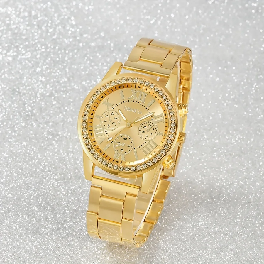 2 unids/set de reloj de cuarzo con diamantes de imitación de lujo para mujer, reloj de pulsera y pulsera dorados de acero inoxidable a la moda, regalo para mamá y ella