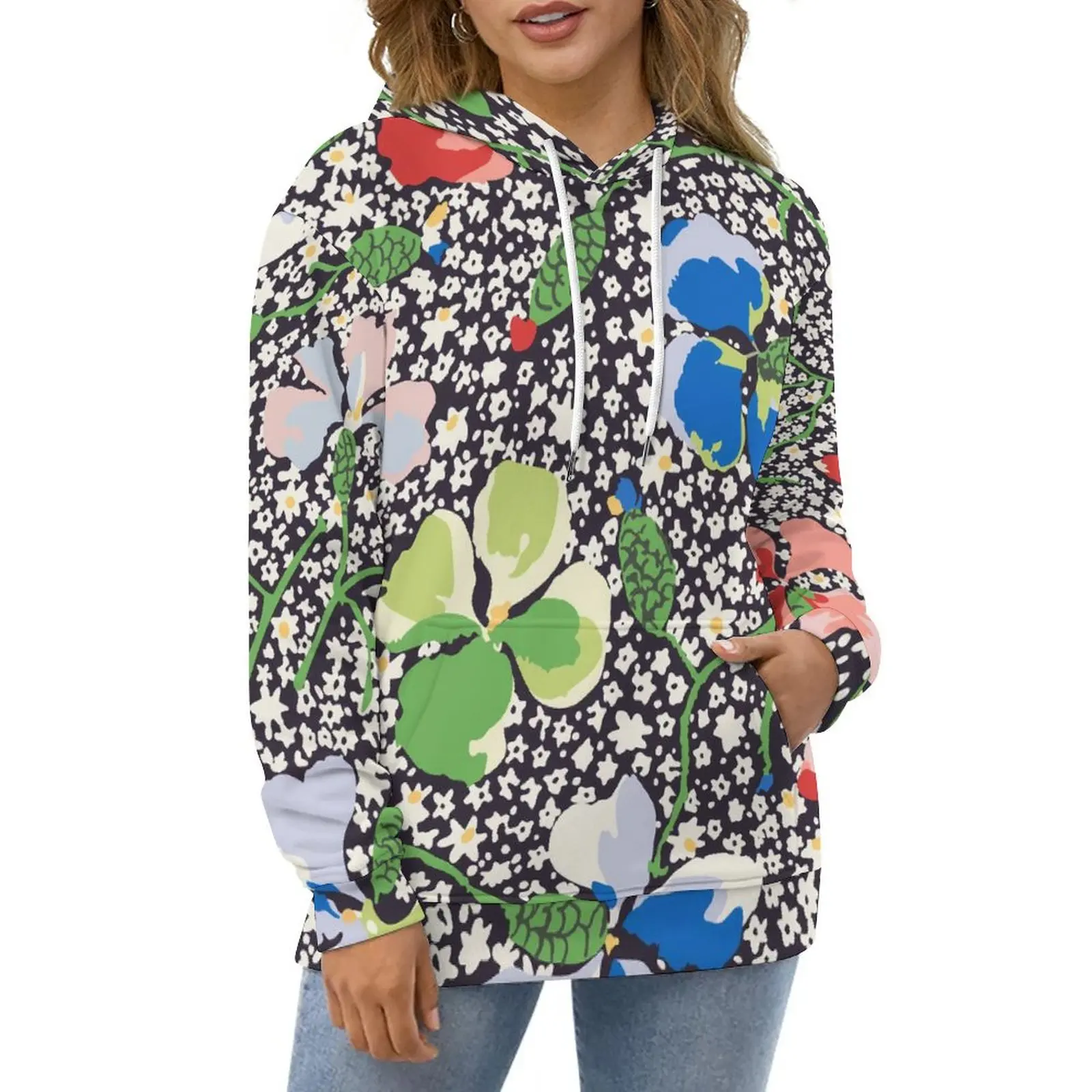 

Colorful Floral Hoodies Dots Print Street Wear Oversized Hoodie Women Long Sleeve Aesthetic Design Casual Hooded Sweatshirts