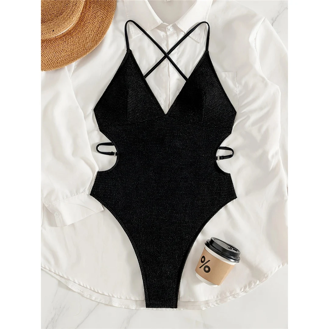 V-Ausschnitt, überkreuzter Rücken, gerippter Einteiler-Badeanzug, Damen-Bademode, rückenfreier Monokini, hoher Beinausschnitt, Badeanzug, Badebekleidung, V7848 – Detail 7