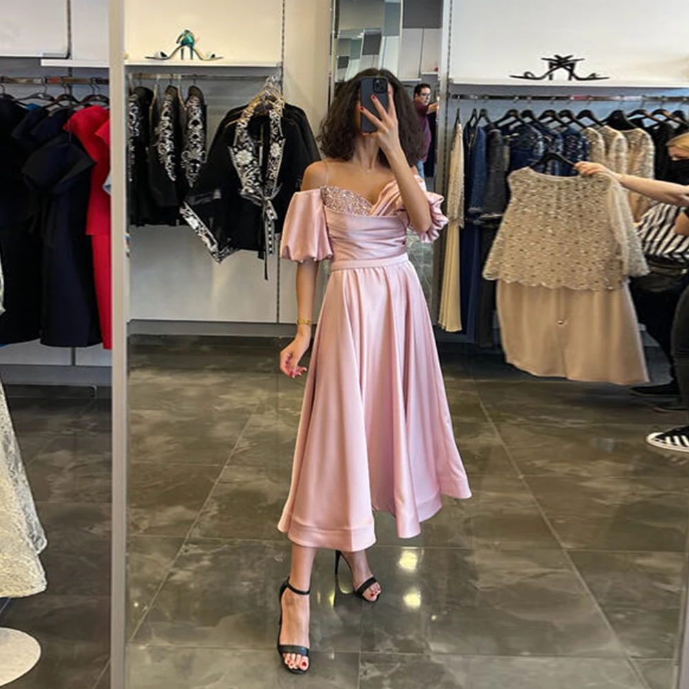 

Pink Formal Party Dresses 2022 Women Sweetheart Beaded A-Line Satin Evening Dress Off-The-Shoulder Knee Length Simple Prom Gowns