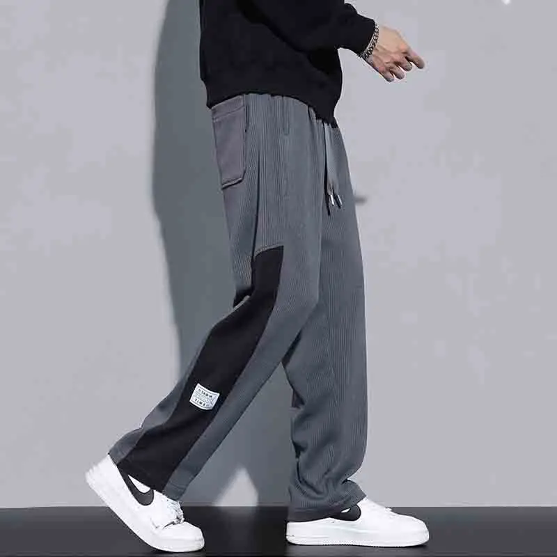 Autumn Casual American High Street Straight Casual Pants Men's Color Blocking Drawstring Patchwork Pockets Loose Sports Trousers