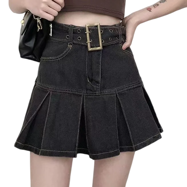 

Американская джинсовая юбка в стиле ретро с высокой талией, утягивающая летняя юбка трапециевидной формы с запахом для женщин, уличная однотонная юбка на пуговицах...