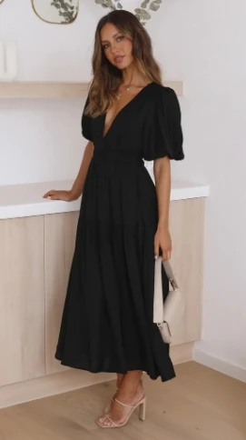 

Women's Solid Color Dress 2025 Spring Summer Latest V-Shaped Collar Waist Cinched Maxi Dress High Waist Bubble Sleeve Long Skirt