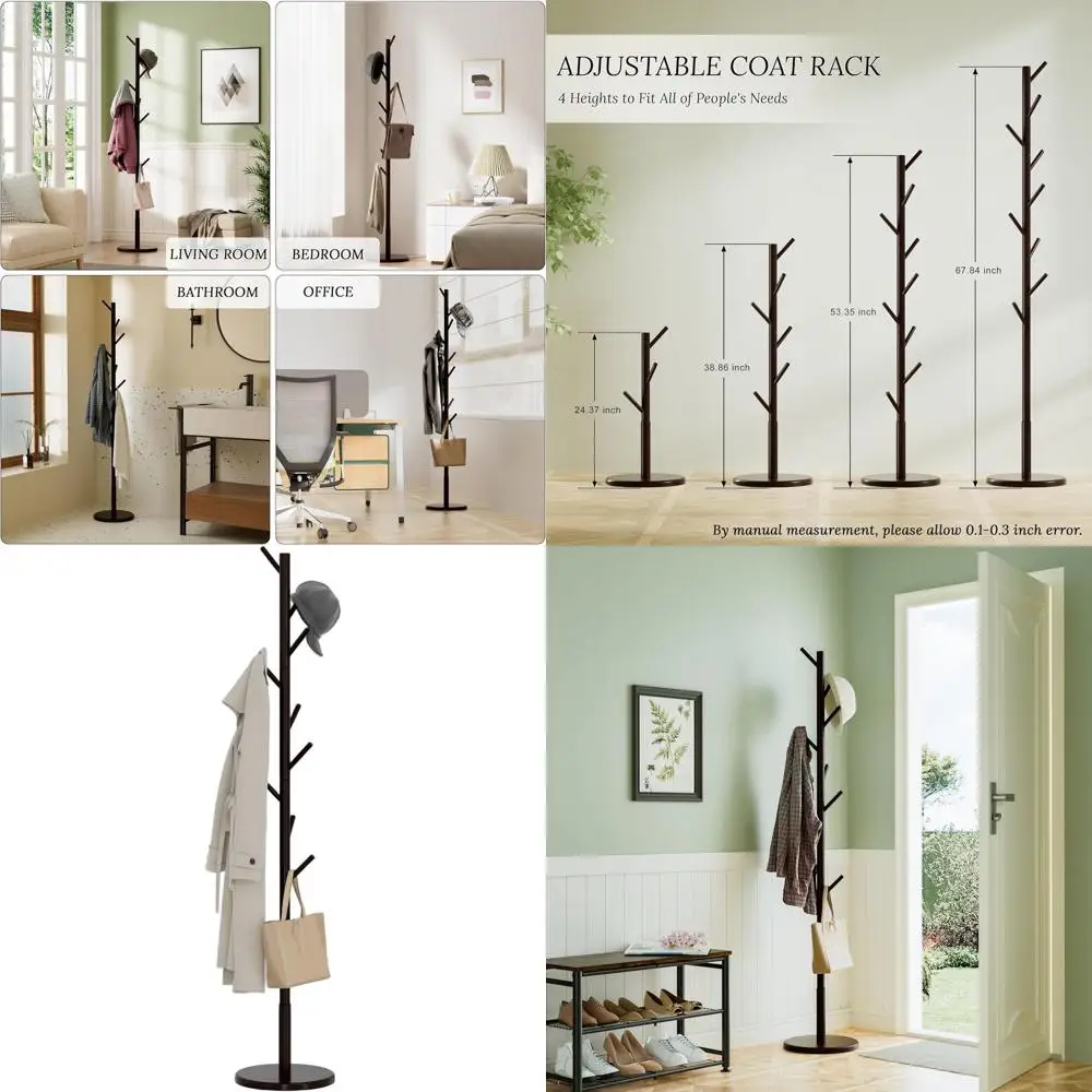 

Adjustable Wooden Coat Stand with 9 Hooks, Space-Saving Rack for Home and Office