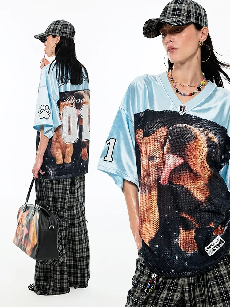 ADAgirl American Retro Cat Print Oversize T Shirt Funny Doggy Graphic Satin Patchwork Basketball Jersey Cutecore Sports Clothing