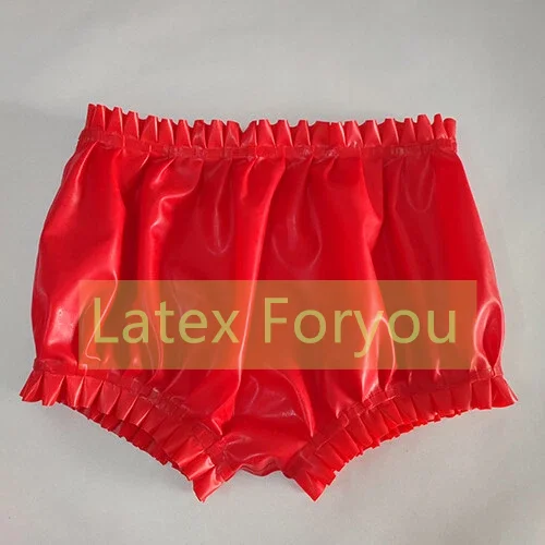 Handgemachte Naturlatex Gummi wasserdichte Rot Hosen Unterhose Sexy Frau Boxer mit Rüschenrand Mode Halloween Cosplay Outfit