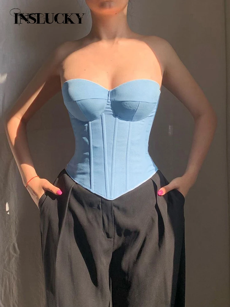 

InsLucky-Sexy Strapless Corset for Women,Cropped Top,Imitation Denim,Backless Bandage Tube,Sleeveless Tops,Party Clothing,Summer