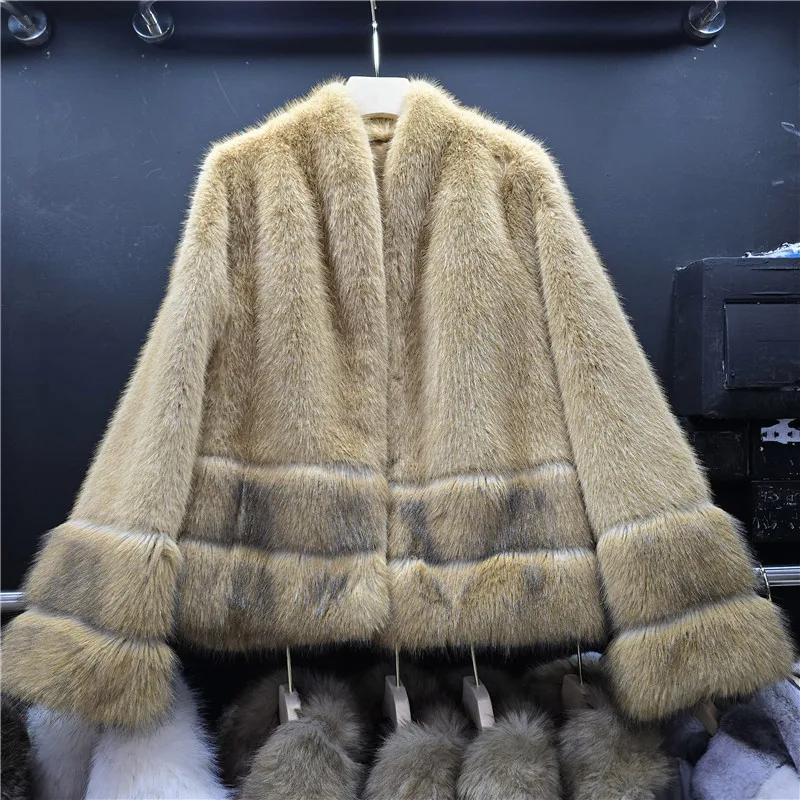 Clothland Women Elegant Fur Spliced Jacket Long Sleeve V Neck Single Breasted Female Retro Fashion Coats CB424